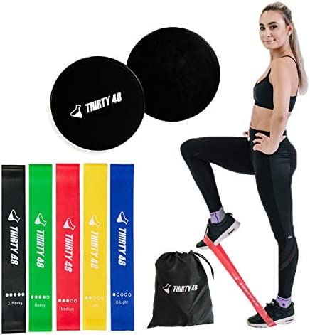 Thirty48 Gliding Discs Core Sliders and 5 Exercise Resistance Bands | Strength, Stability, and Crossfit Training for Home, Gym, Travel | User Guide & Carry Bag